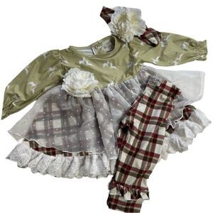 Be Girl Clothing 3 Piece Winter Plaid Bucks Twirl Dress Pants Headband Set